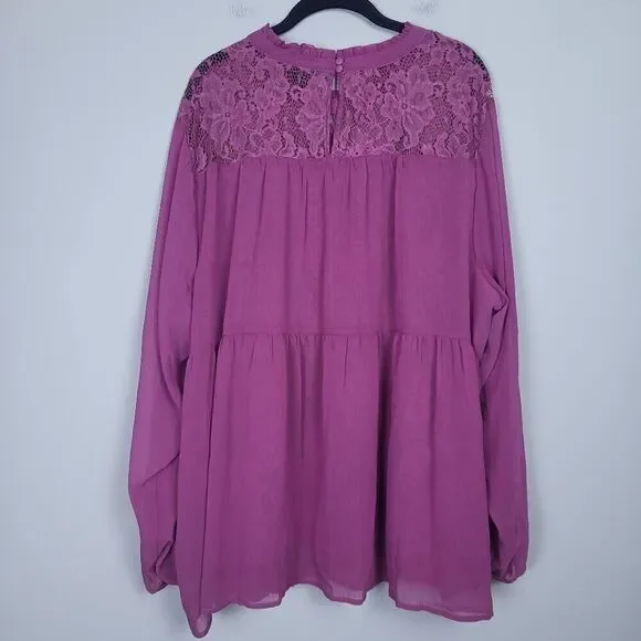 Torrid Womens Babydoll Tiered Top Purple 4x Lace Embroidered Long Sleeve Flowy - Picture 2 of 7
